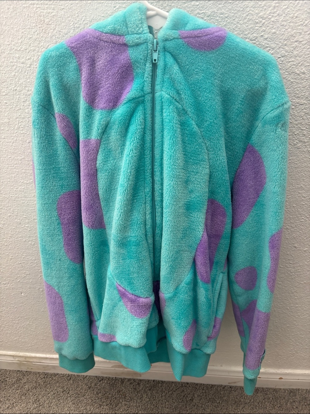 Kids Plush Zip-Up Hoodie Jacket in Aqua with Purple Spots